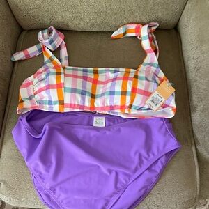 Bathing suit 2 piece size 16 purple bottom and white checks with pink orange